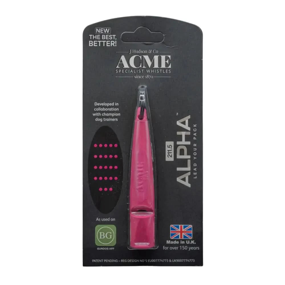 Ein pinker plastikpfeife acme alpha hundepfeife 211 5 von j hudson für hundetraining im schwarzen blisterpack