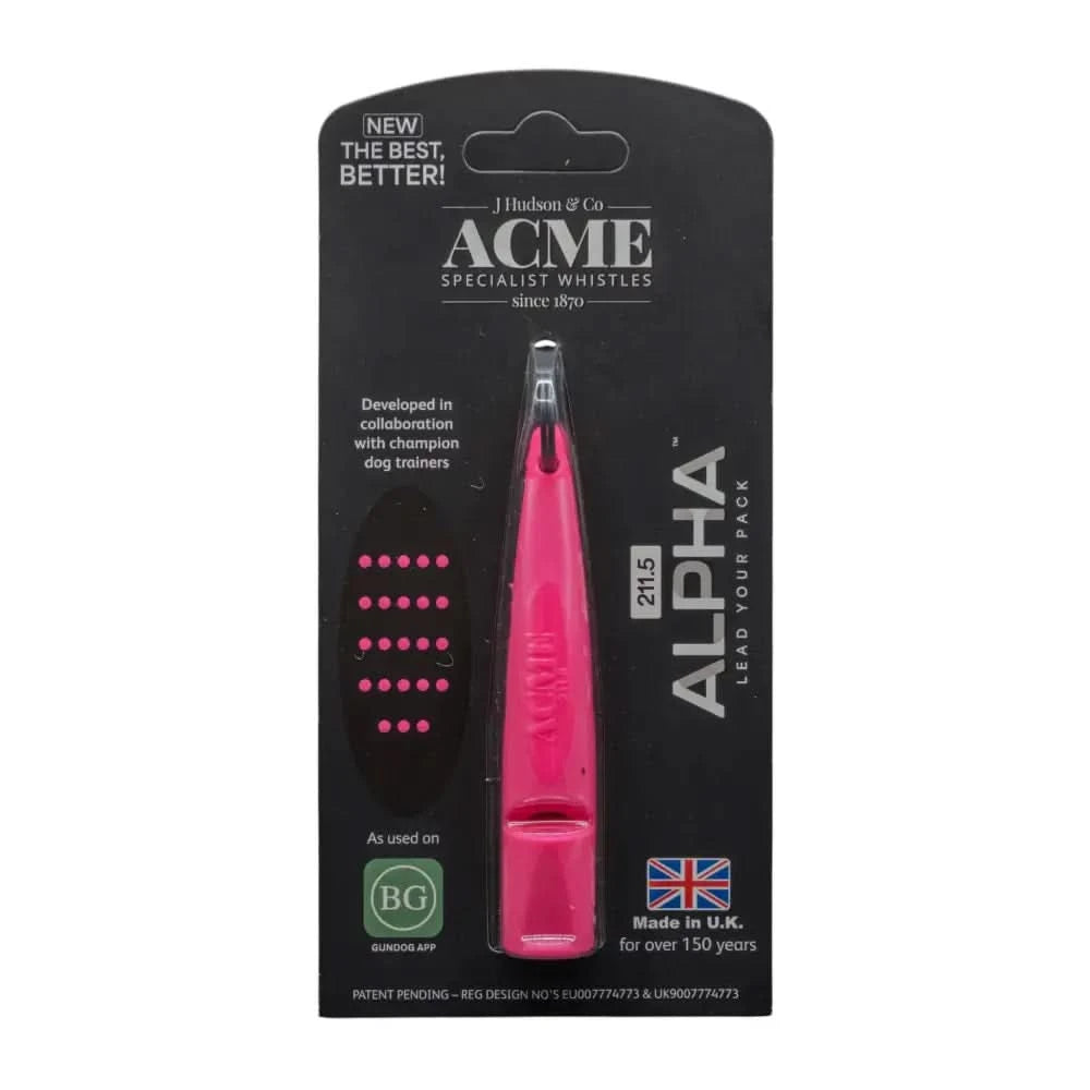 Helle pinke acme alpha hundepfeife aus plastik mit acme branding im schwarzen karton verpackt