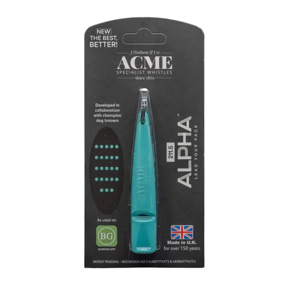 Teal farbige acme alpha hundepfeife 2115 von j hudson co in schwarzer verpackung mit weißen und grünen texten
