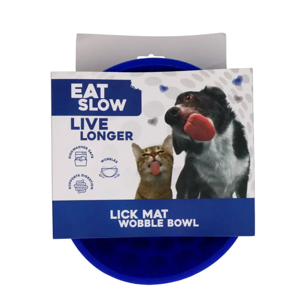 Blaue Antischling Napf mit Eat Slow Live Longer Lick Mat für mehr Spaß beim Fressen