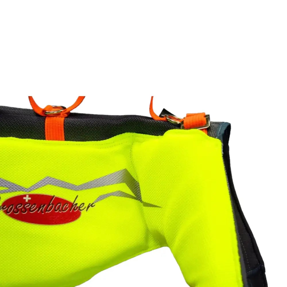 Neon gelbe Beat Grossenbacher Hundeschwimmweste mit orangenen Gurten, perfekt für Hunde