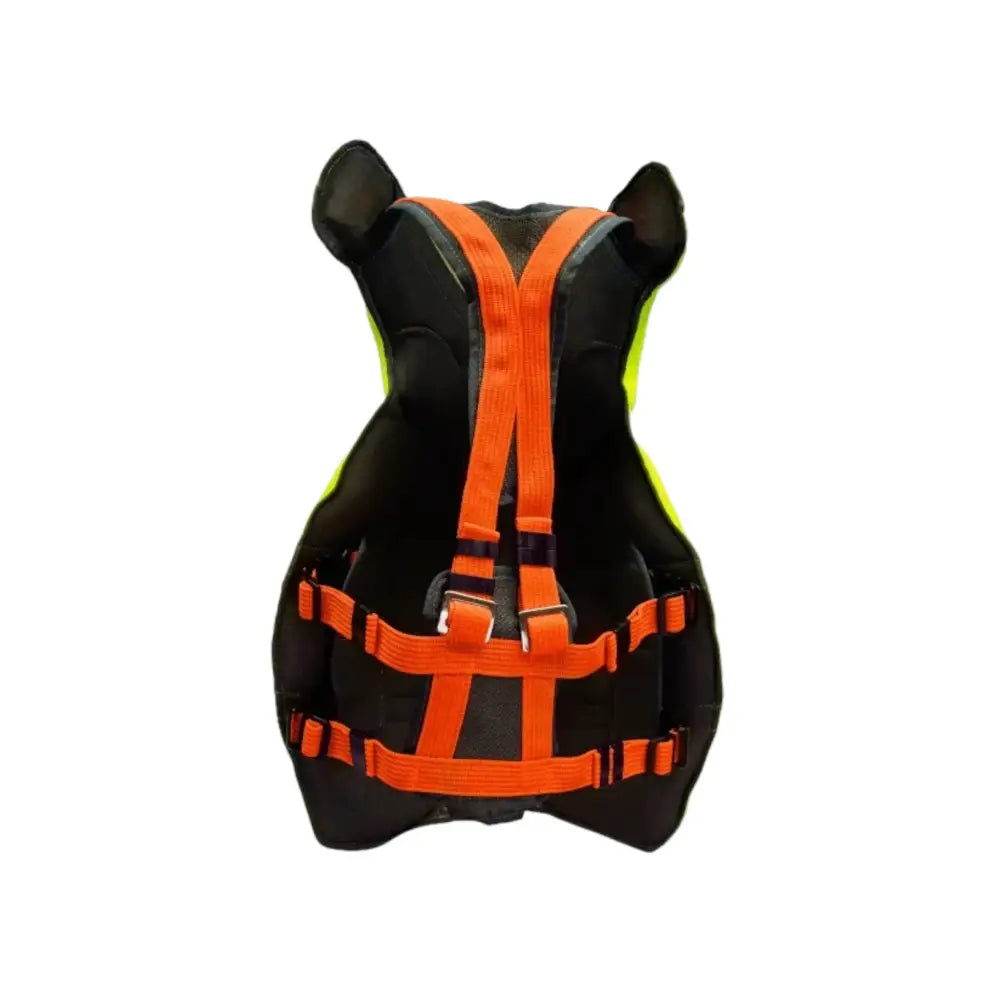 Black und gelbe beat grossenbacher hundeschwimmweste mit orangefarbenen Gurten