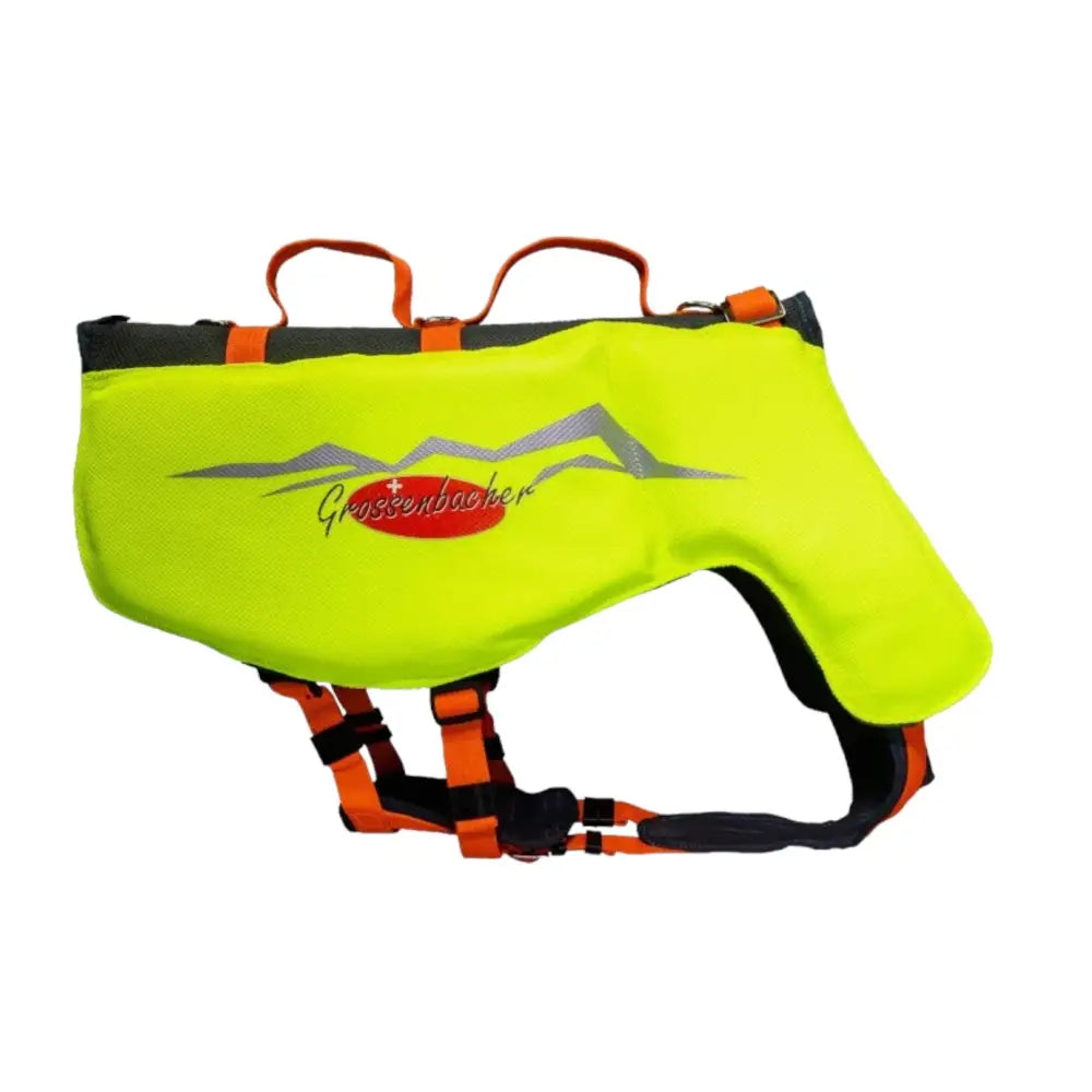 Gelbe Hundeschwimmweste von Beat Grossenbacher mit orangefarbenen Gurten für Sicherheit