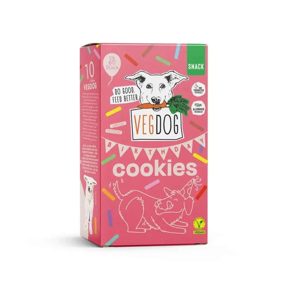 Pink karton mit limitierter edition birthday cookies hundespielzeug mit cartoon hund, karotte und bunten streifen