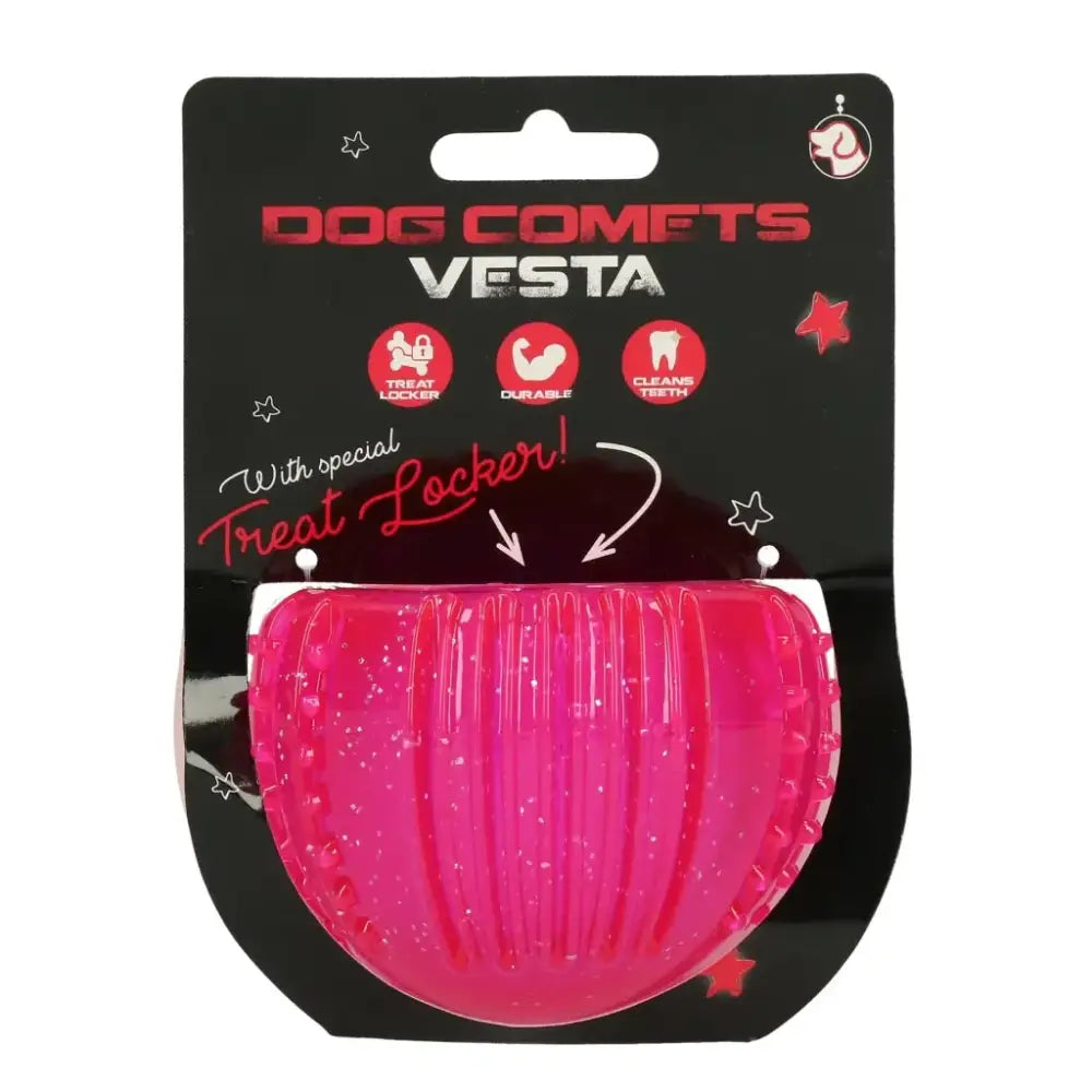 Pink dog treat toy in Dog Comets Treat Locker for fun treat time