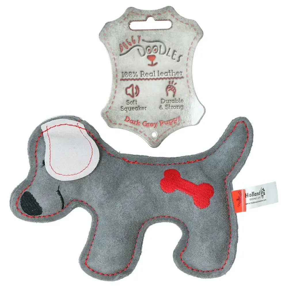 Graues Leder Hundespielzeug mit Tag, Doggy Doddles Hundespielzeug aus Echtleder