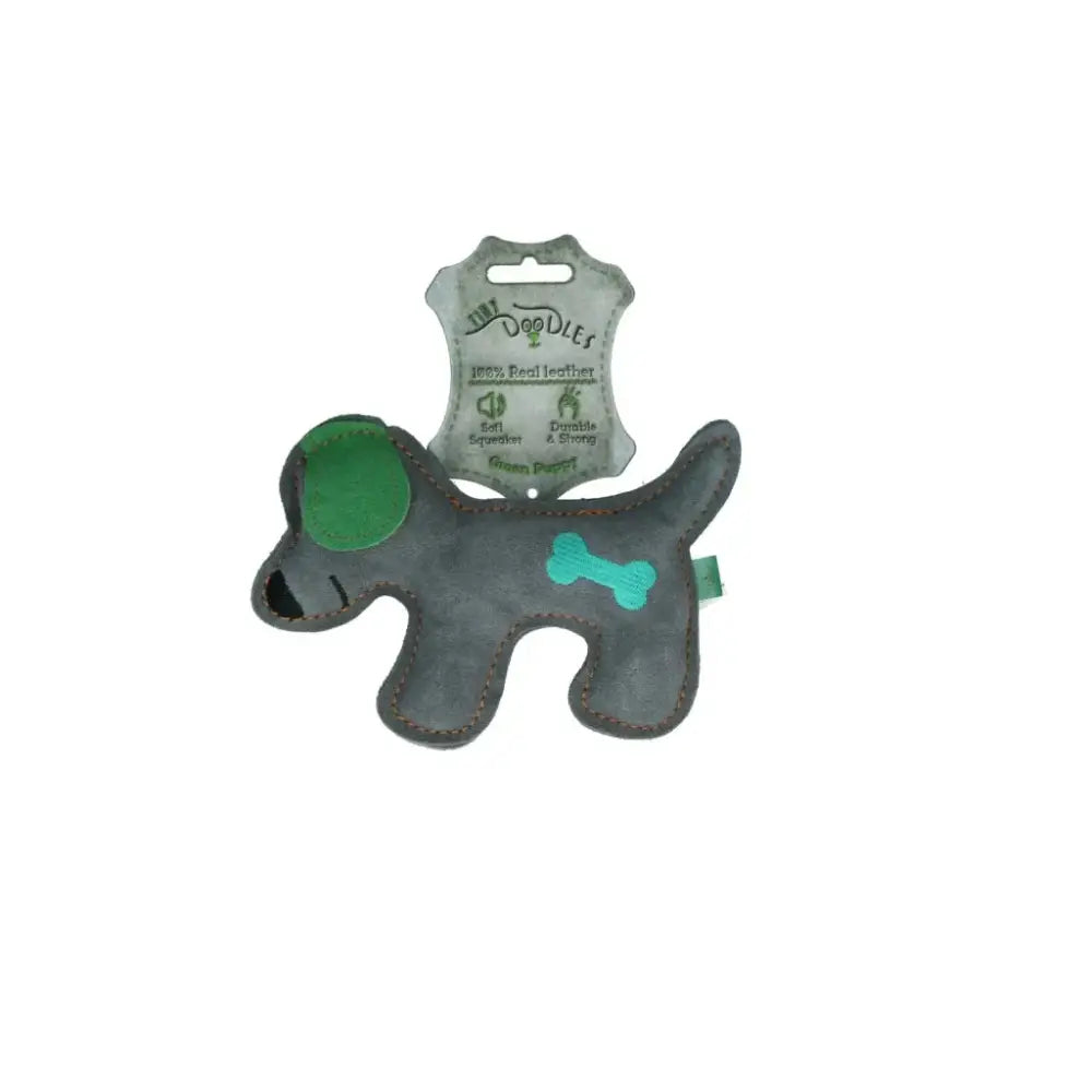 Graues Doggy Doddles Hundespielzeug aus Echtleder mit grünen Akzenten, perfekt für Hunde