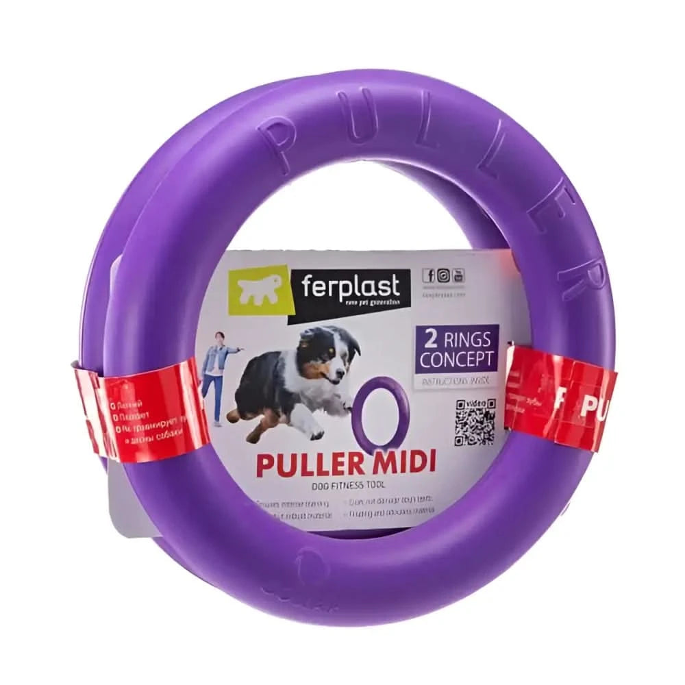 Ferplast puller hundespielzeug lila plastik fitness ring mit puller prägung und roten verpackungsbändern
