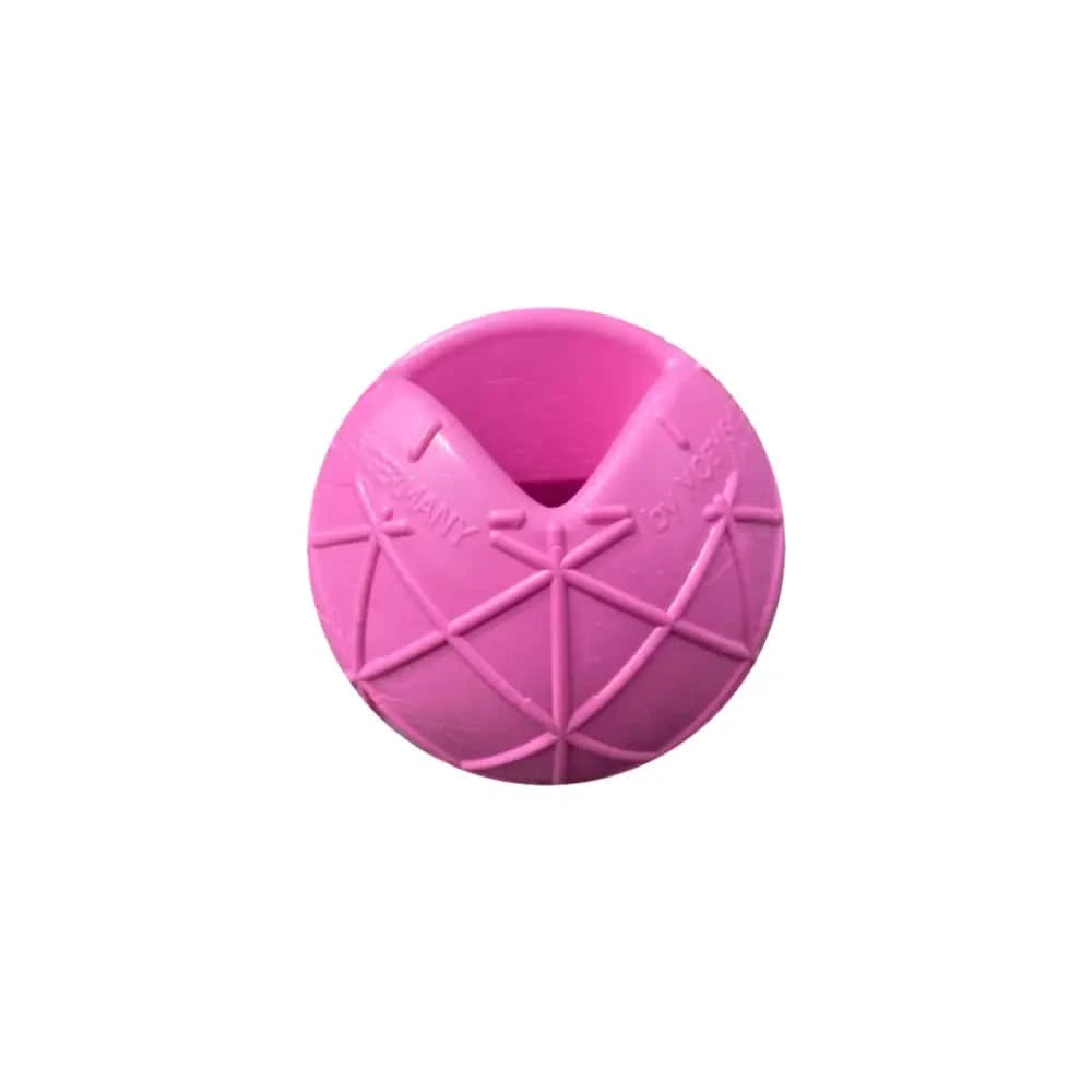 Rosa Moby Hundeball mit Wurfschlaufe, geometrischem Muster und Öffnung