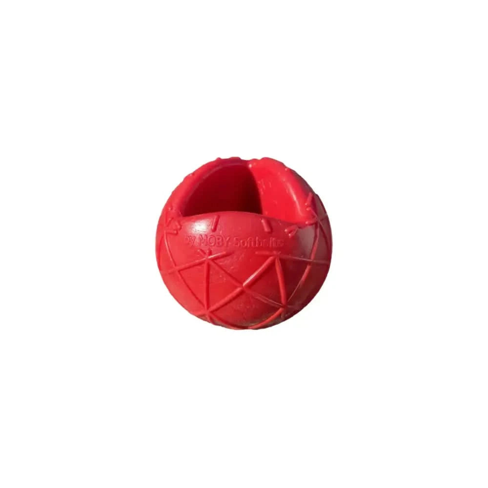 Hundeball moby roter kugelförmiger ball mit strukturierter oberfläche und wurfschlaufe für spiel und training