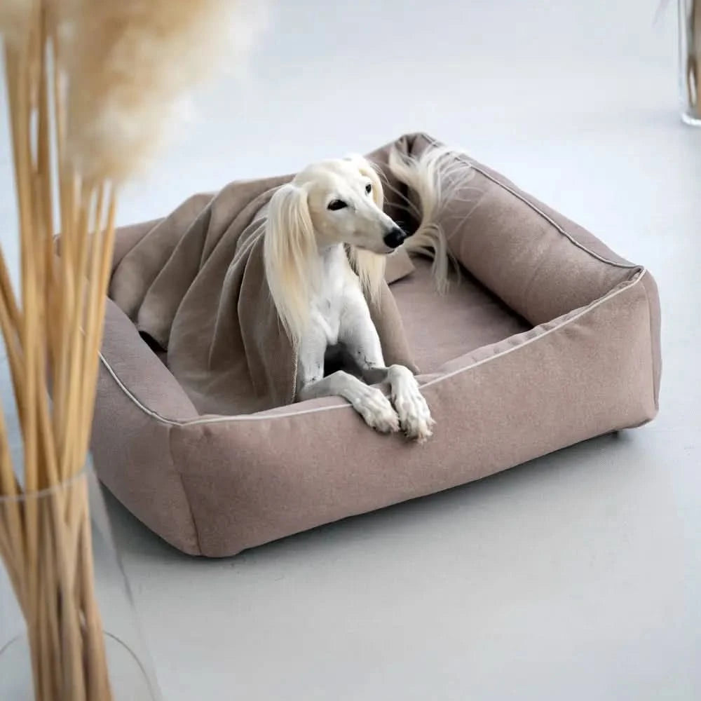 LABONI REVERSO Wendedecke für Hunde aus Baumwolle in Grau mit handeingefasster Ziernaht und Schutz fürs Sofa