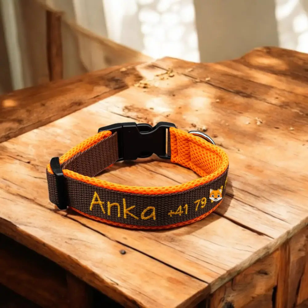 Personalisierte braune und orange Hundehalsband mit atmungsaktive 3D-Airmeshpolsterung