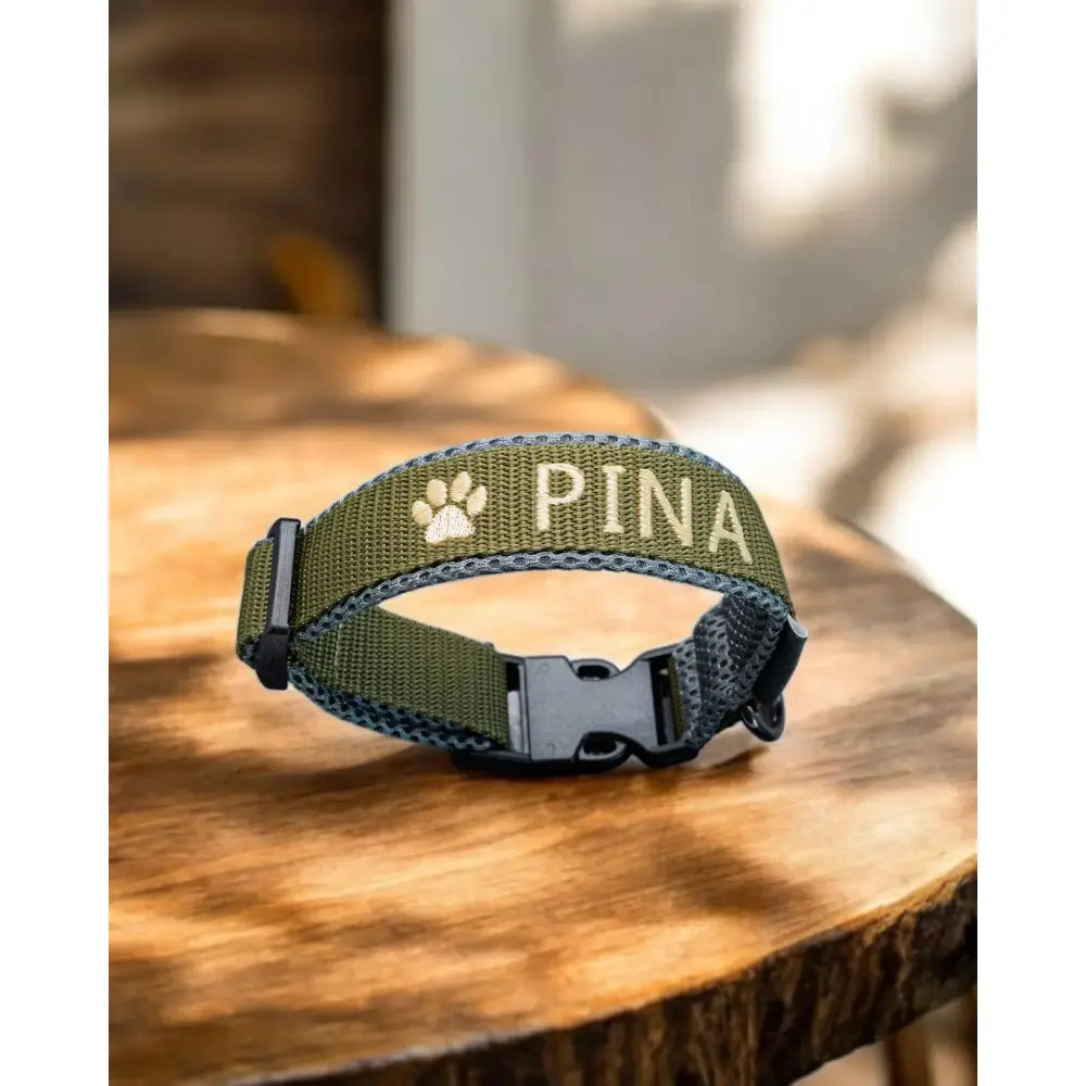 Olive green hundehalsband mit Namen und atmungsaktive 3d-airmeshpolsterung für mehr Komfort
