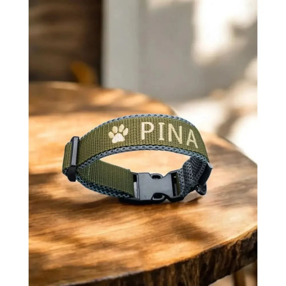 Olive green hundehalsband mit Namen und atmungsaktive 3d-airmeshpolsterung für mehr Komfort