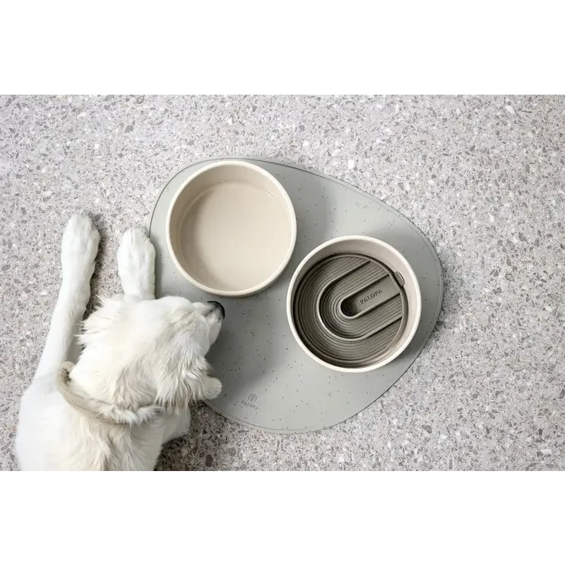 Weißer Hund liegt neben Hundenapf Cali und Hundespielzeug auf Matte, echtes Highlight