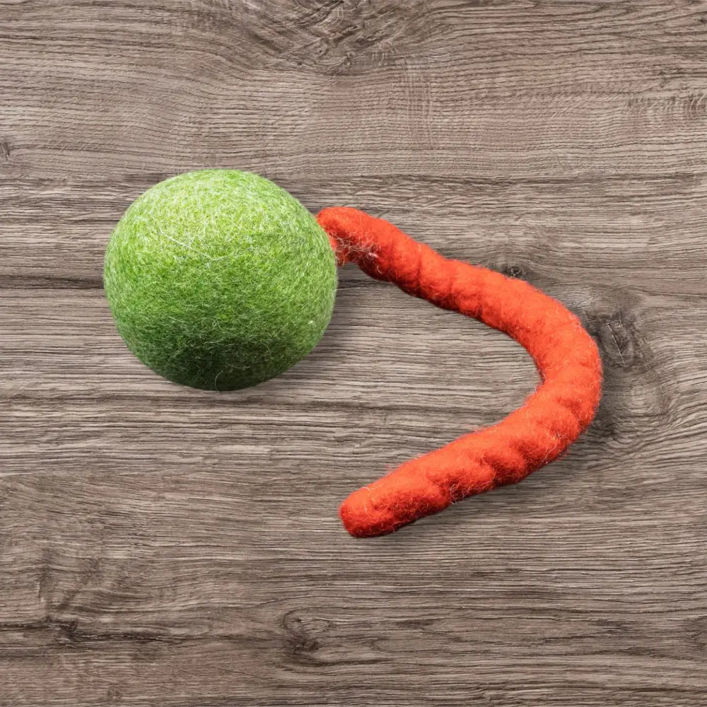 Grüner Jumping Schleuder-Filzball aus regionaler Bio-Schurwolle mit rotem Filzwurm für Hundespielzeug