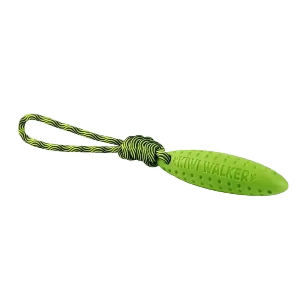 Robustes grünes kiwi walker zeppelin apportierspielzeug mit schwarzem neon grünem seilgriff aus gummi