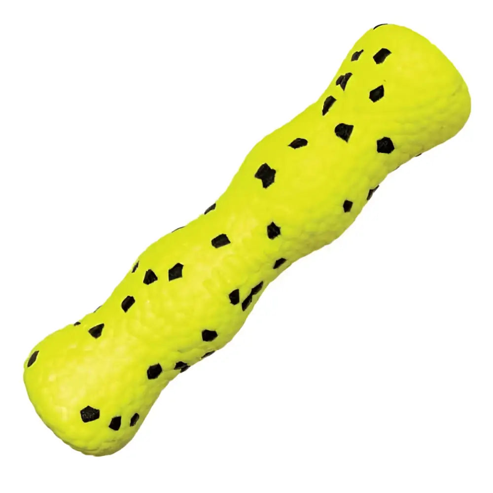 Bright yellow textured kong reflex stick dog toy with black diamond spots for active play