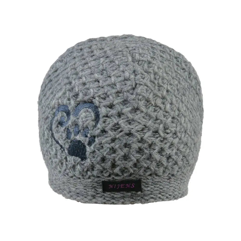 Graue kurze Beanie Mütze aus Wolle mit Pfote&Herz Stickerei, perfekt für Hundeliebhaber