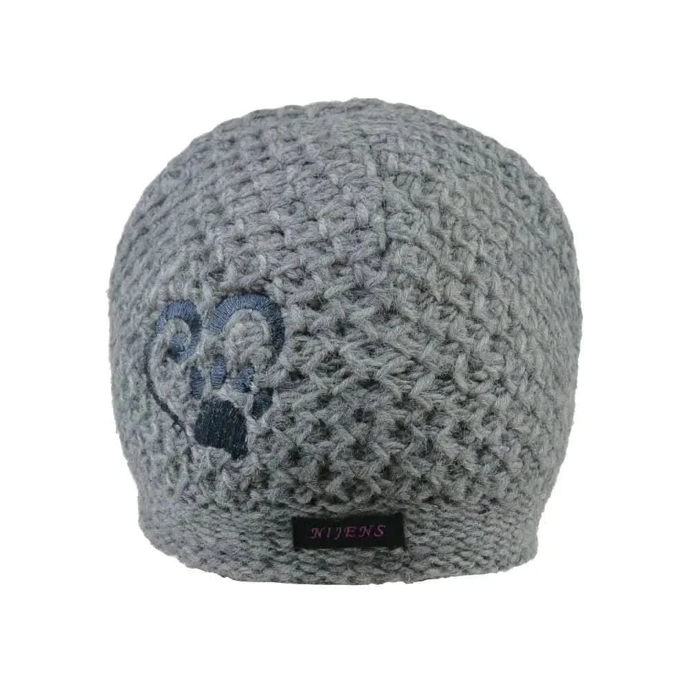 Graue kurze Beanie Mütze aus Wolle mit Pfote&Herz Stickerei, perfekt für Hundeliebhaber
