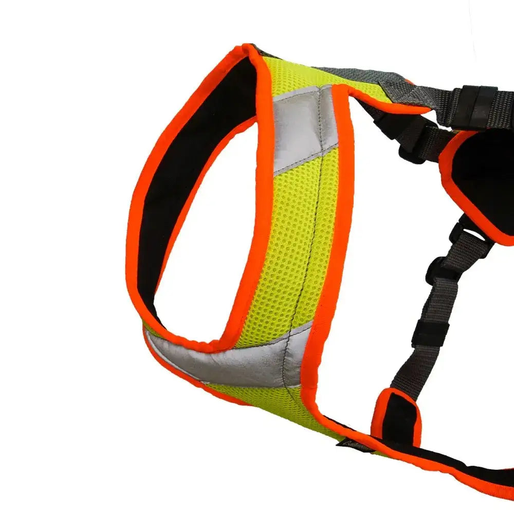 Gelbes und oranges Sicherheitsgeschirr für Mantrailing V-Geschirr mit Reflektor und LED