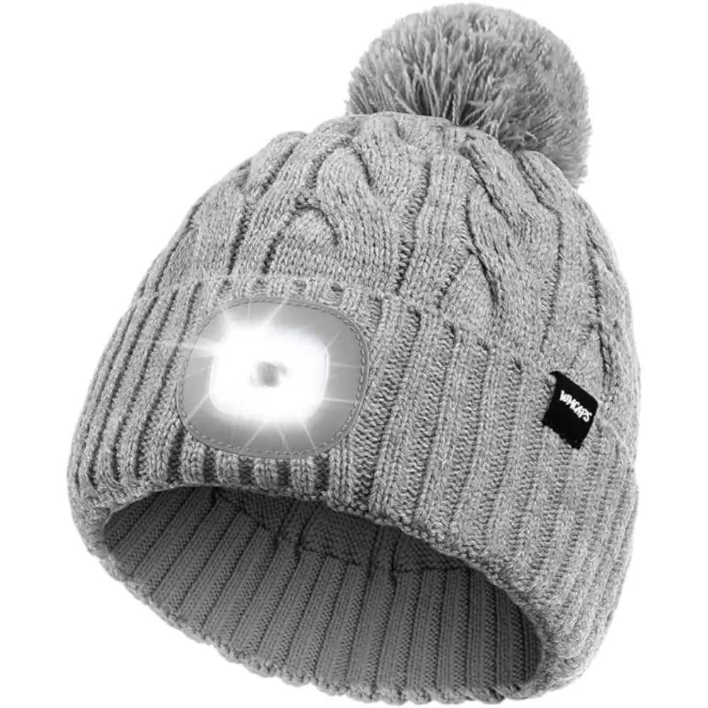 Graue Strickmütze mit LED Beleuchtung und Bommel für coole Nächte