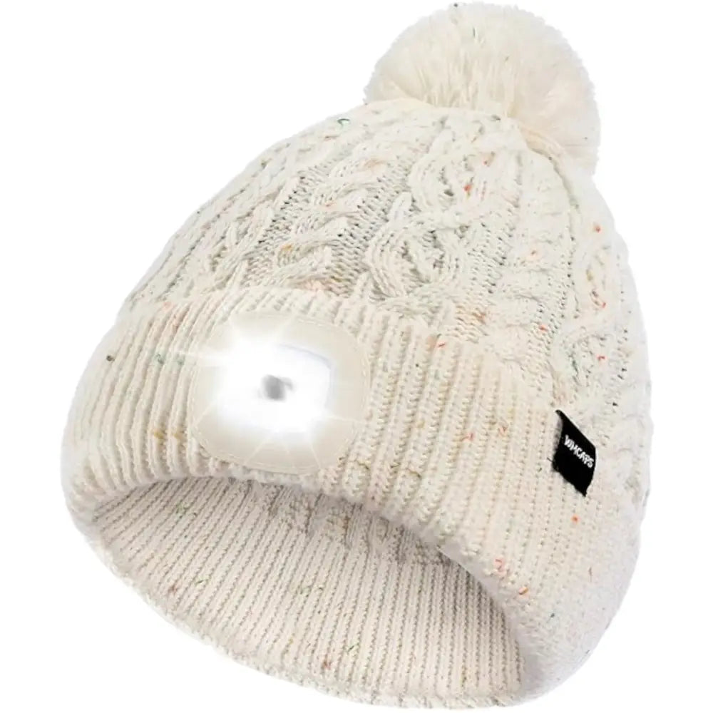 Weiße Strickmütze mit LED Beleuchtung und Bommel, perfekt für Hundespielzeug und Co