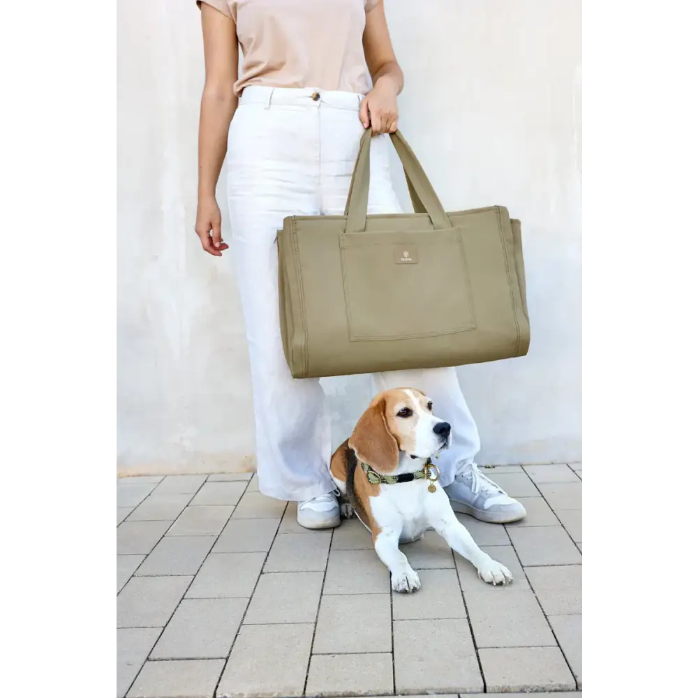 Khaki grüne Palopa Hundemattentasche Nobo mit Fronttasche und Platz für Hundespielzeug