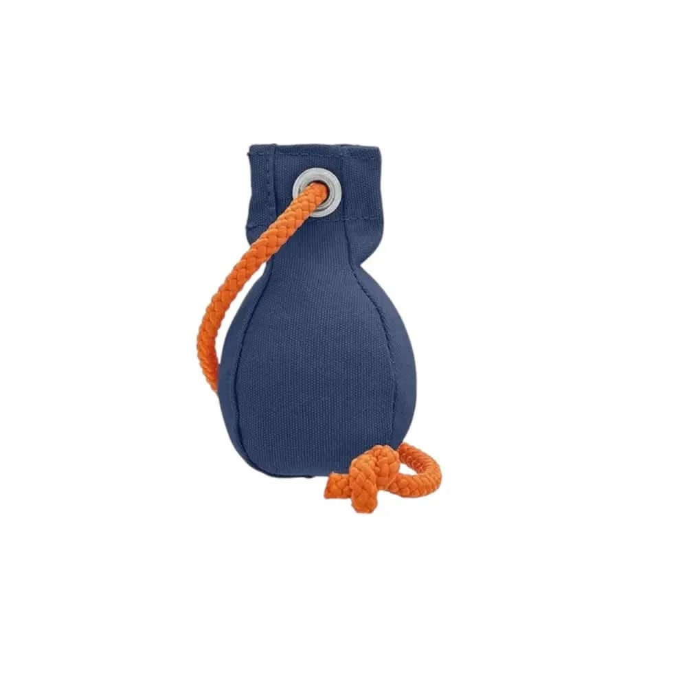 Blaue Romneys Dummy Ball 150g mit orangeem Seil für Hundetraining