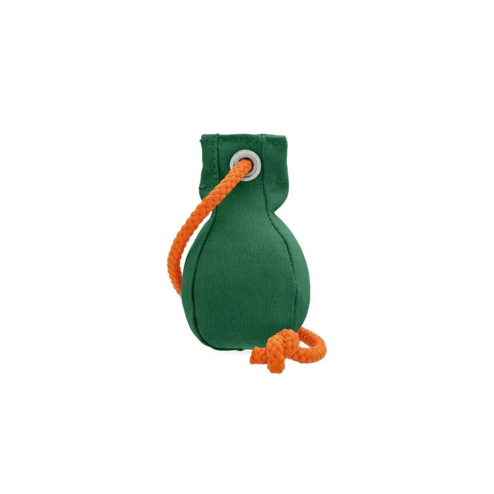 Grüner Romneys Dummy Ball 150g mit orangem Seil für Hundetraining