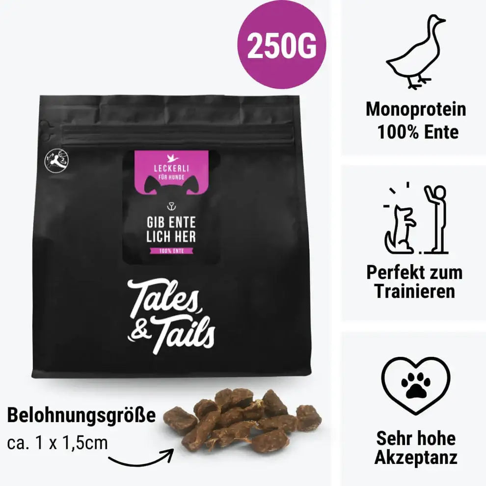 Schwarze Resealable-Tüte Tales & Tails entelich her Ente-Fleisch-Leckerli für Hunde