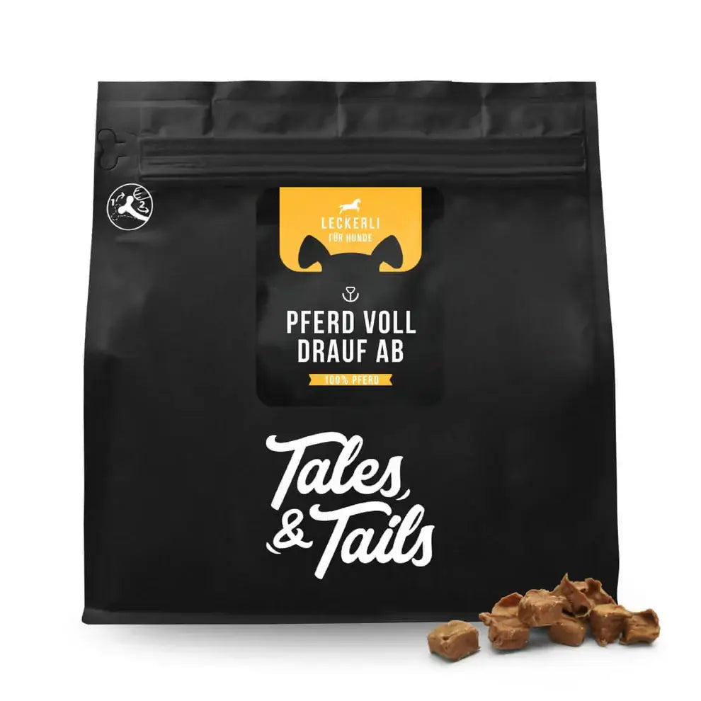 Schwarzer Beutel Tales & Tails Pferd voll 100% Pferdefleisch Leckerli für Hunde