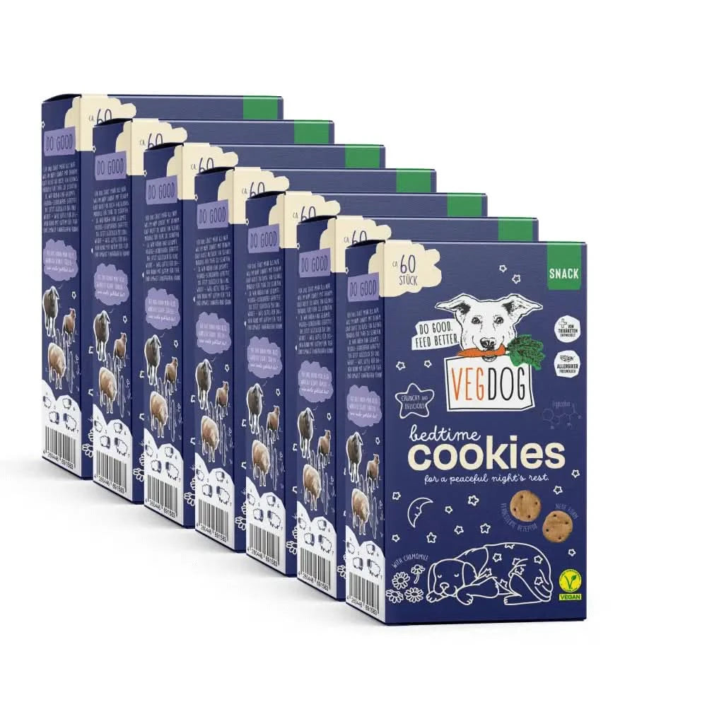 Blauer karton vegdog bedtime cookies 400 gramm mit cartoon hund und schlafenden hunden unter sternen