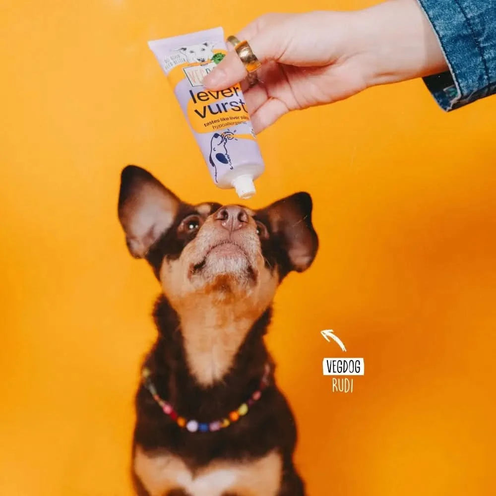 A weißer tube vegdog lever wurst lebergeschaft hundeleckerlipaste mit cartoon hund auf dem etikett