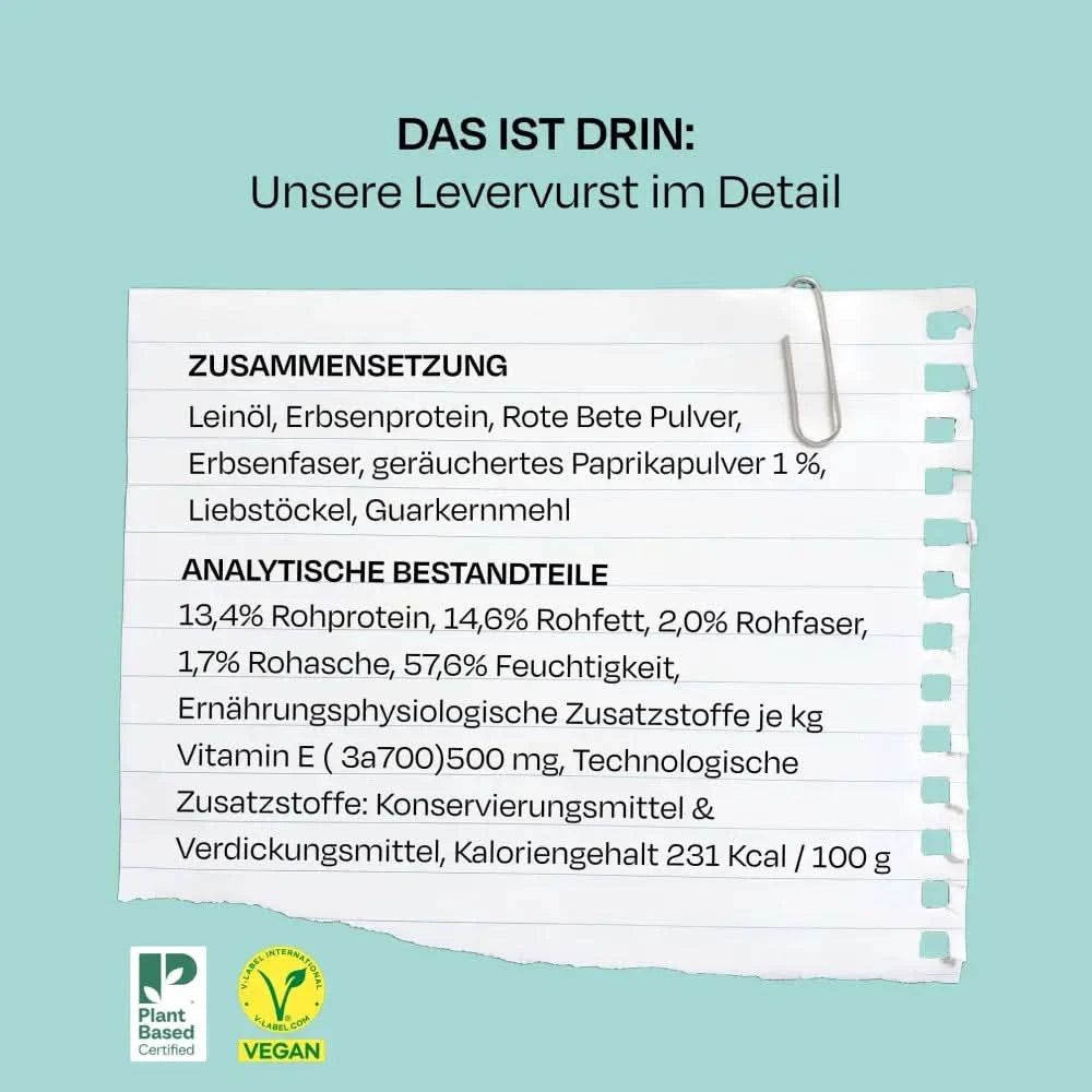 A white torn-paper-style label showing ingredients and nutrition info on the back of vegdog lever wurst pate