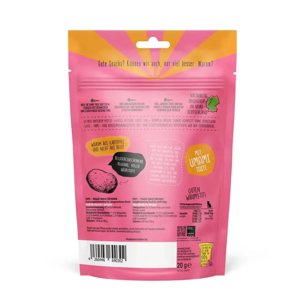 Pink wiederverschließbare pouch mit veganen snacks pops 20 g mit kokosnuss illustration ideal für hundespielzeug fans
