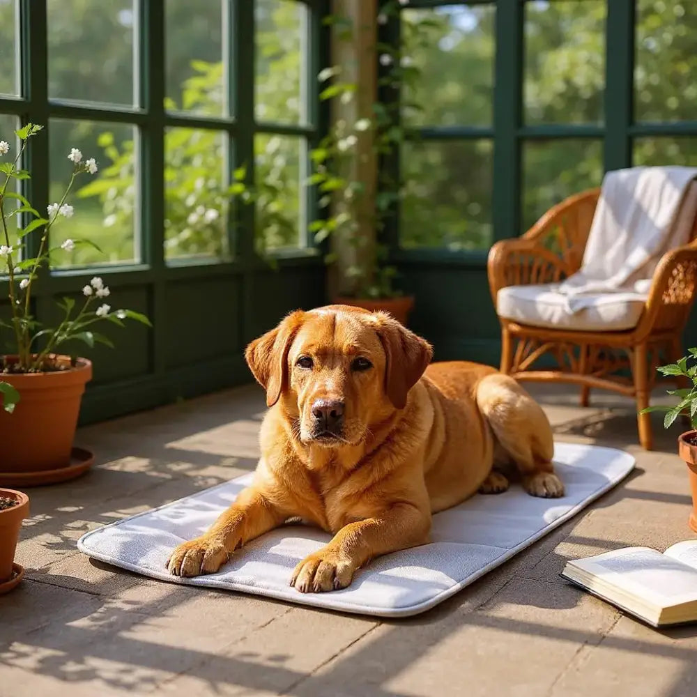 Entspannte goldene Labrador auf WOLTERS Watchout Kühlmatte für Hunde