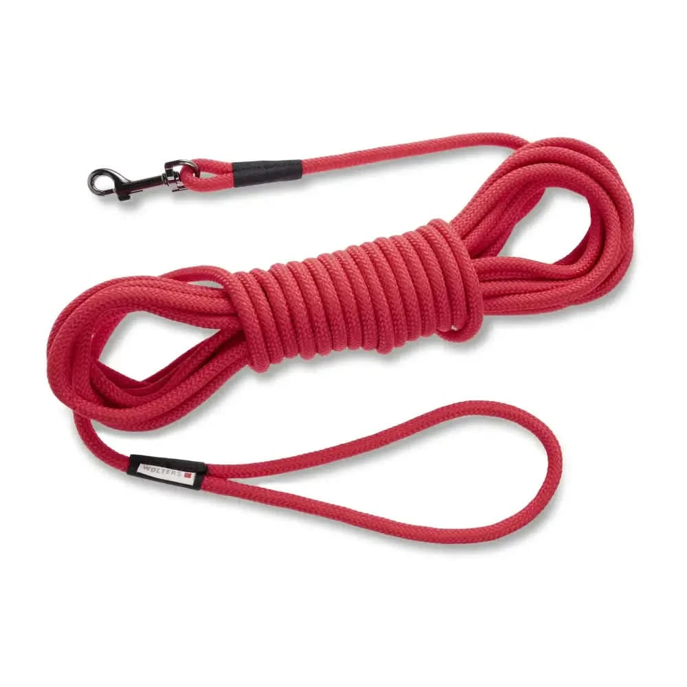 Rote geflochtene wolters watchout schwimmleine mit schwarzem plastikgriff und metallkarabiner für sicheren wasserspaß