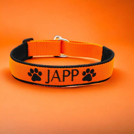 Helles oranges personalisiertes Hundehalsband mit schwarzen Pfoten und Name Japp