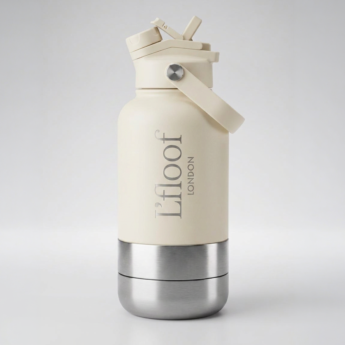 L'FLOOF 3-in-1 Hunde-Reiseflasche 946 ml in Cream mit abnehmbarem Trinknapf und Leckerlifach