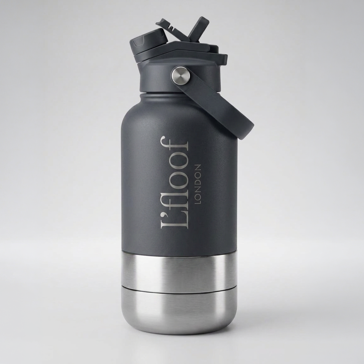 L'FLOOF 3-in-1 Hunde-Reiseflasche 946 ml in Dark Grey mit abnehmbarem Trinknapf und Leckerlifach