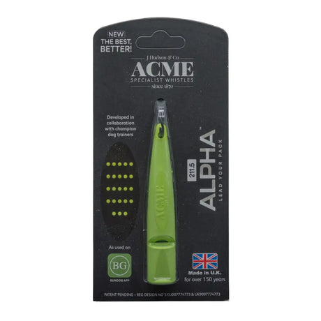 Limegrüne acme alpha hundepfeife aus plastik mit transparentem deckel und aufschrift acme für hundetraining