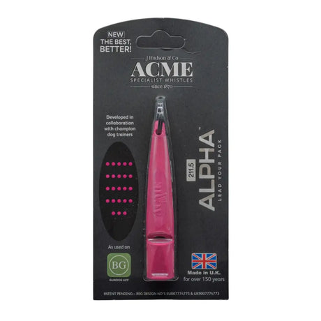 Ein pinker plastikpfeife acme alpha hundepfeife 211 5 von j hudson für hundetraining im schwarzen blisterpack
