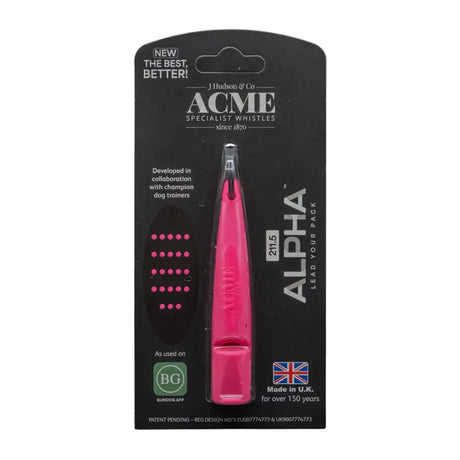 Helle pinke acme alpha hundepfeife aus plastik mit acme branding im schwarzen karton verpackt