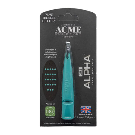 Teal farbige acme alpha hundepfeife 2115 von j hudson co in schwarzer verpackung mit weißen und grünen texten