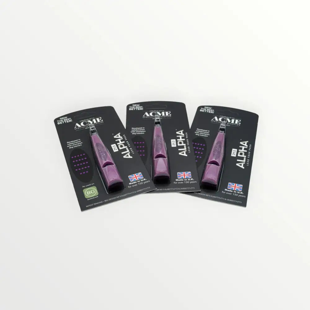 Drei verpackte lila Acme Alpha Hundepfeifen, ideal als acme alpha hundepfeife