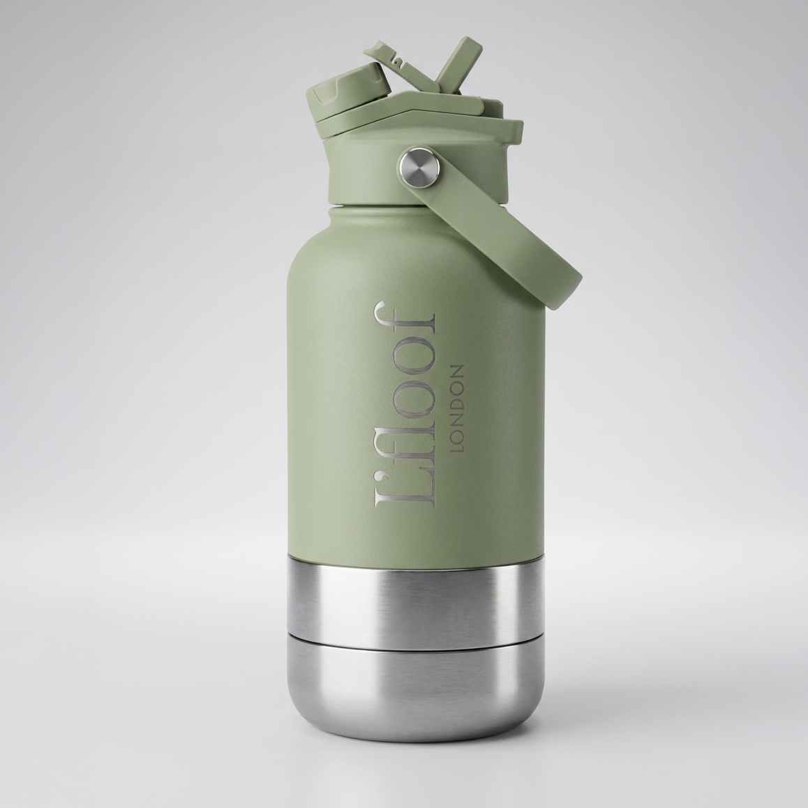 L'FLOOF 3-in-1 Hunde-Reiseflasche 946 ml in Matcha mit auslaufsicherem Deckel und abnehmbarem Trinknapf