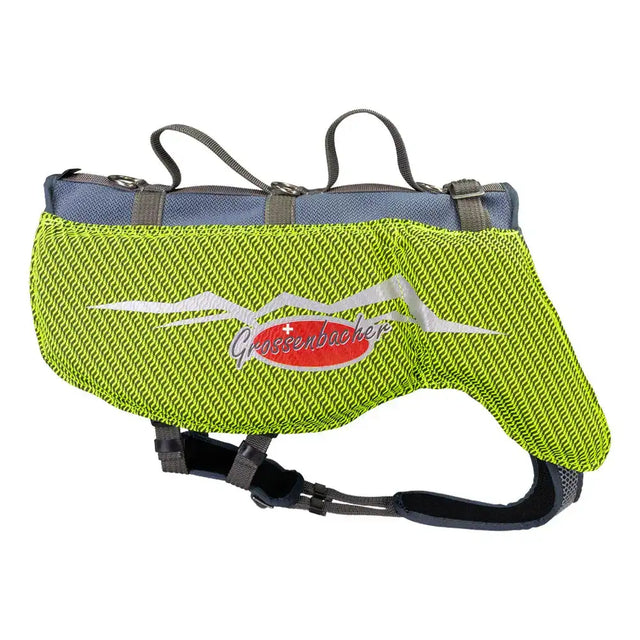 Bright lime grüne beat grossenbacher hundeschwimmweste aus mesh mit grauen gurten und rotem grossenbacher logo