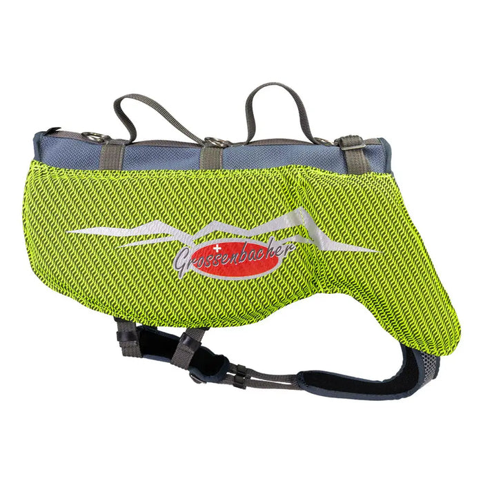 Bright lime grüne beat grossenbacher hundeschwimmweste aus mesh mit grauen gurten und rotem grossenbacher logo