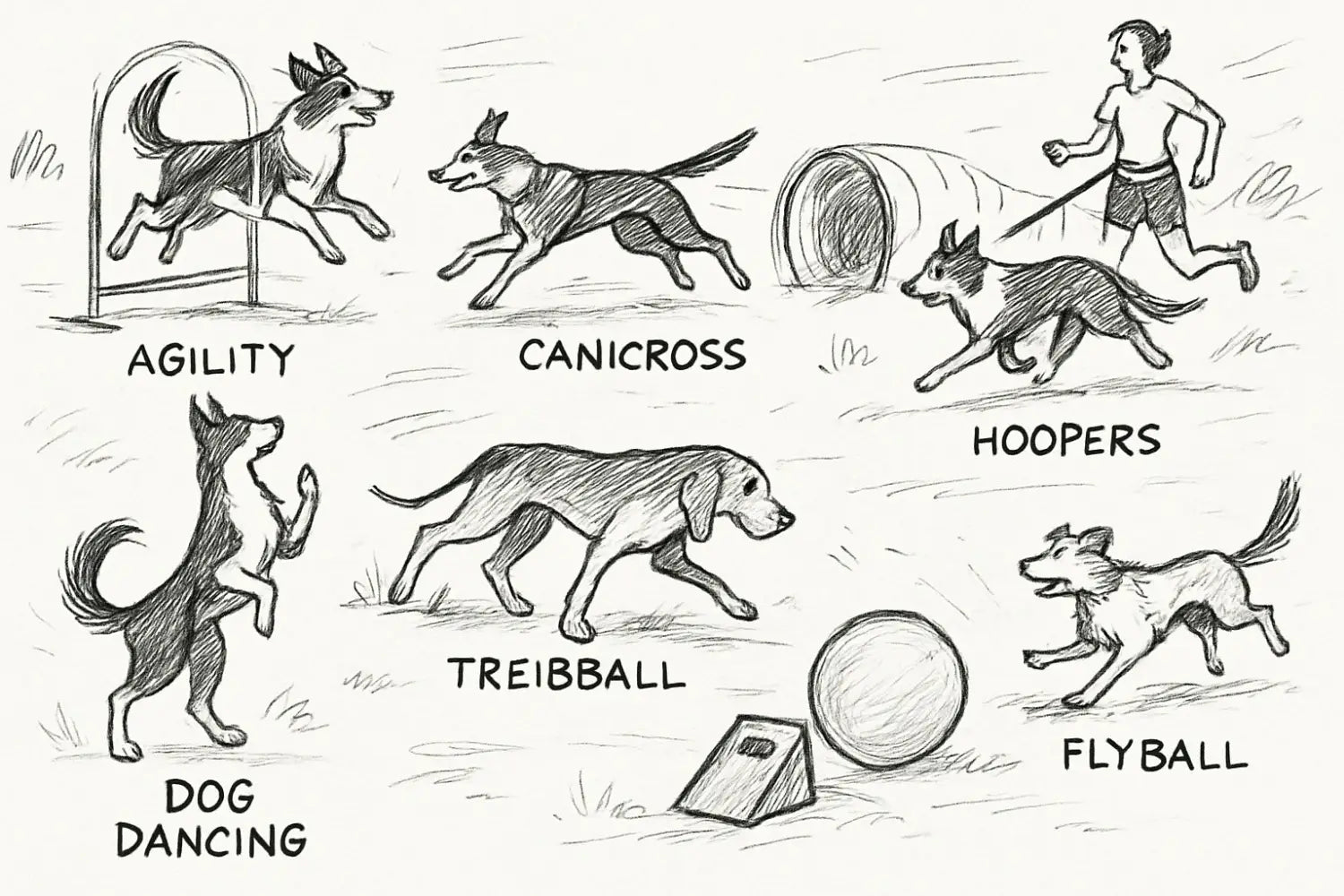 schwarz-weiß-skizze verschiedener hundesportarten wie agility, canicross, hoopers, treibball, flyball und dog dancing im artikel sport für hunde aktivitäten vorgestellt.